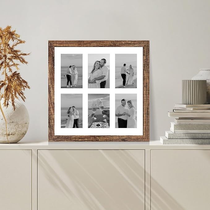 14x14 Picture Frame Set of 2, Rustic Brown with Glass Collage Frame, Display Photo Six Opening 4x6 With Mat or 14 x 14 Without Mat - Horizontal or Vertical Wall Mounting