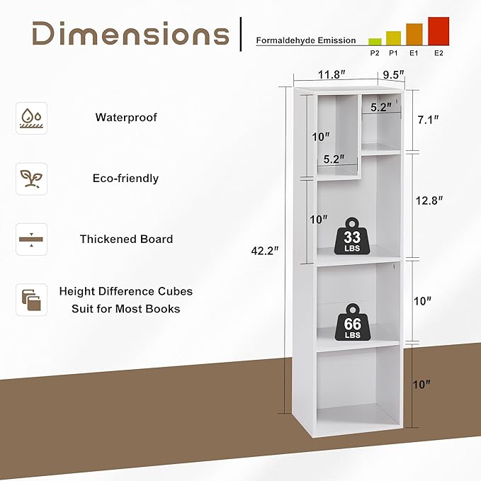 VECELO 4-Tier Bookcase, Modern Storage Cabinet with Height Difference Shelves for Standard Textbooks, 5 Cubes, Vertical or Horizontal, Easy Assembly, Pearl White