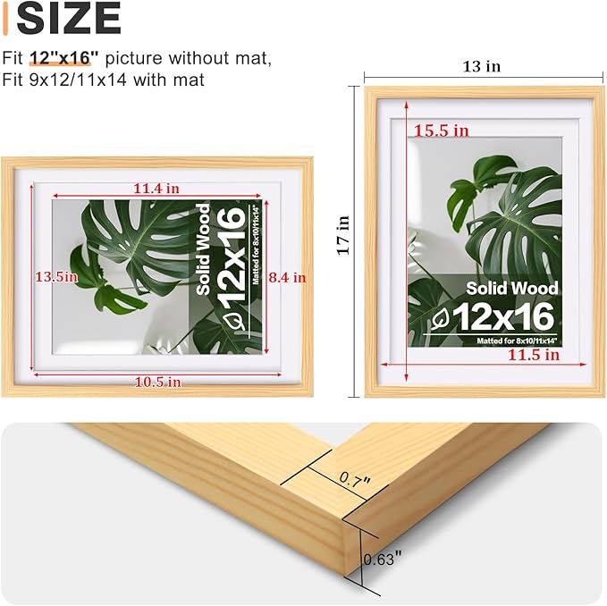 Egofine 12x16 Picture Frames Natural Wood Set of 2, Solid Wood Frames Covered by plexiglass, Display photos 9x12/11x14 with Mat or 12x16 without mat, for Wall Mounting