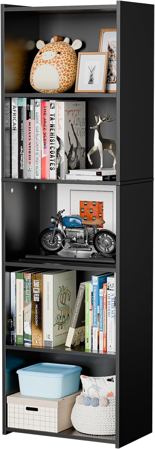 SUPER DEAL 5-Tier Bookcase and Bookshelf, Open Storage Shelves Narrow Tall Freestanding Cube Display Shelf for Bedroom Home Office Apartment Small Spaces, 52 Inch Black