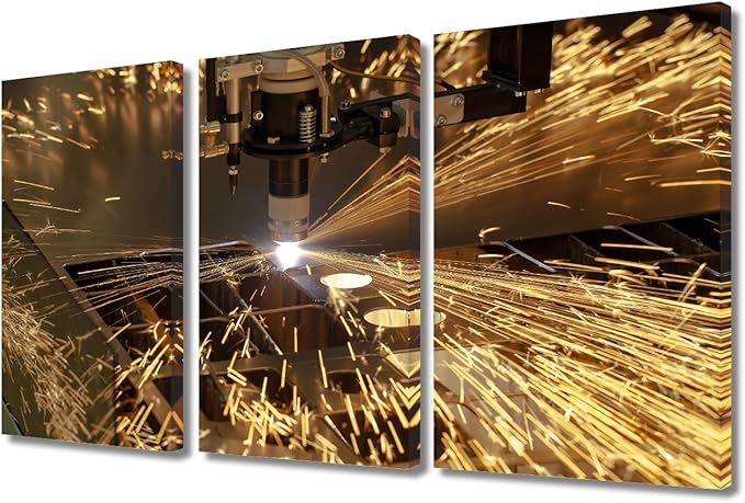 TUMOVO Plasma Cutting Wall Decor Industry Machine Pictures 3 Panels Wall Art Canvas Prints Bedroom Wall Decor Canvas Art Paintings Decor Canvas Frame Artwork for Home Walls Ready to Hang, 36x24 Inch