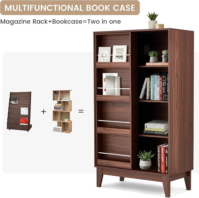 JOMEED 4 Tier Bookshelf with Sliding Door and Magazine Rack, Double Wide Modern Bookcase with Sturdy Legs, Floor Standing Display Book Cabinet for Living Room, Bedroom, Library, Office Walnut