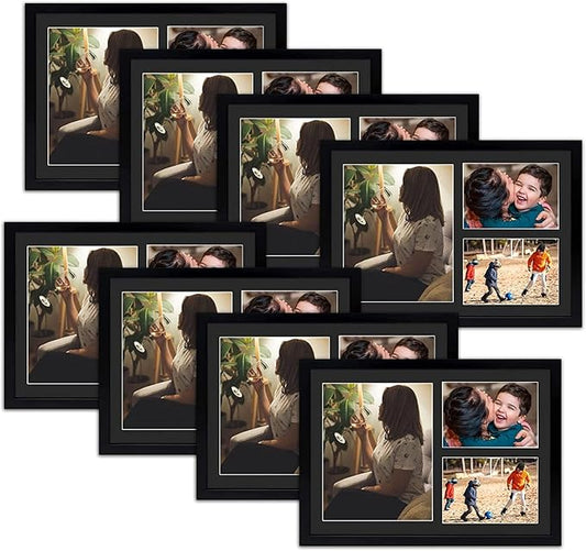 Golden State Art, Set of 8, 12x17 Black Wood Picture Frame - Black Mat for 8x10 And 5x7 Photos - Tempered Glass, Sawtooth Hanger, Swivel Tabs - Wall Mounting - Great for Gift