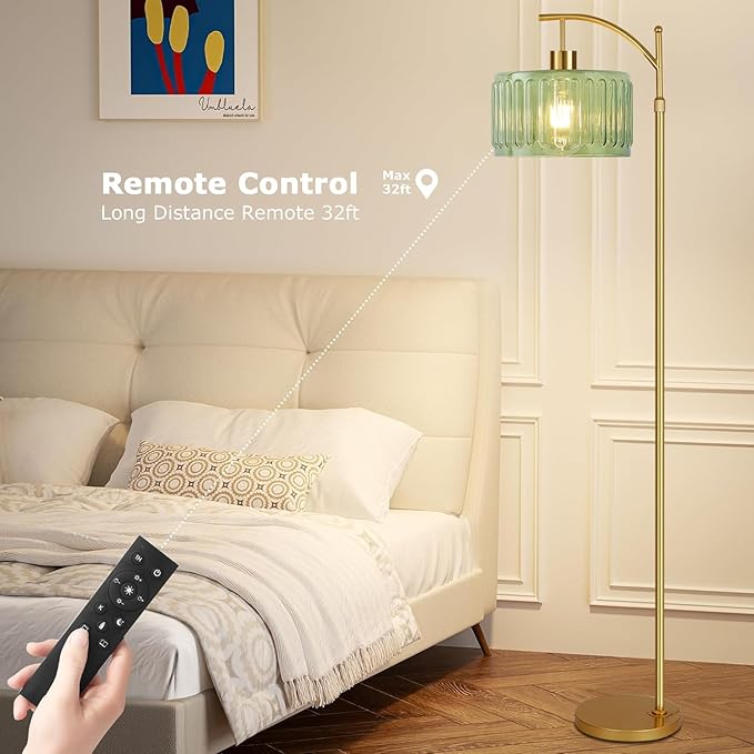 Glass Floor Lamp for Living Room,Bedroom,Gold Mid Century Modern Standing Lamp with Remote,Dimmable Brass Tall Lamp Vintage Retro Green Arc Flower Floor Light Boho Bohemian