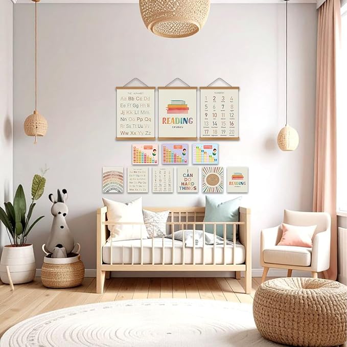 Educational Classroom letters for Kids Wall Art Set of 12 – 3 Hanging Posters 16x12in+9 Prints 8x10in, Numbers Alphabet Canvas Wall Decor Preschool Kindergarten Nursery Homeschool Learning Home Decor
