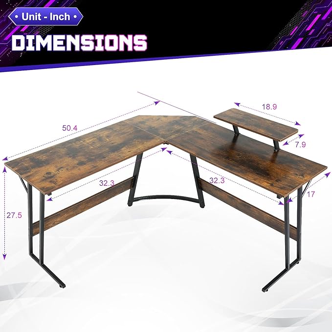 NChanmar L Shaped Gaming Desk with Monitor Riser Stand, Home Office Corner Desk for Studying, Working and Gaming, Large Desktop, Brown