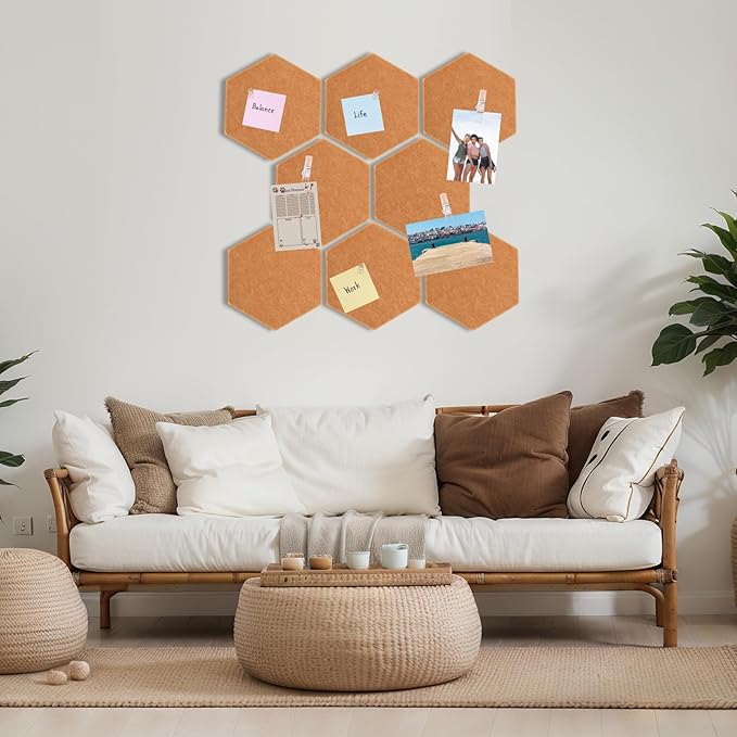 8 Pcs 12" Large Hexagon Felt Cork Bulletin Board Tiles Self Adhesive DIY Pin Board with 50 Push Pins and 10 Colored Clips, Wall Decor for Office Home Kitchen Photos Memos(Yellow)