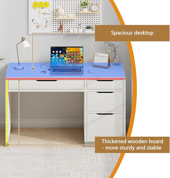 52 Inch White Desk with Drawers, Modern Home Office Desk with Storage for Bedroom, Study Desk with Storage File Drawer for Small Space