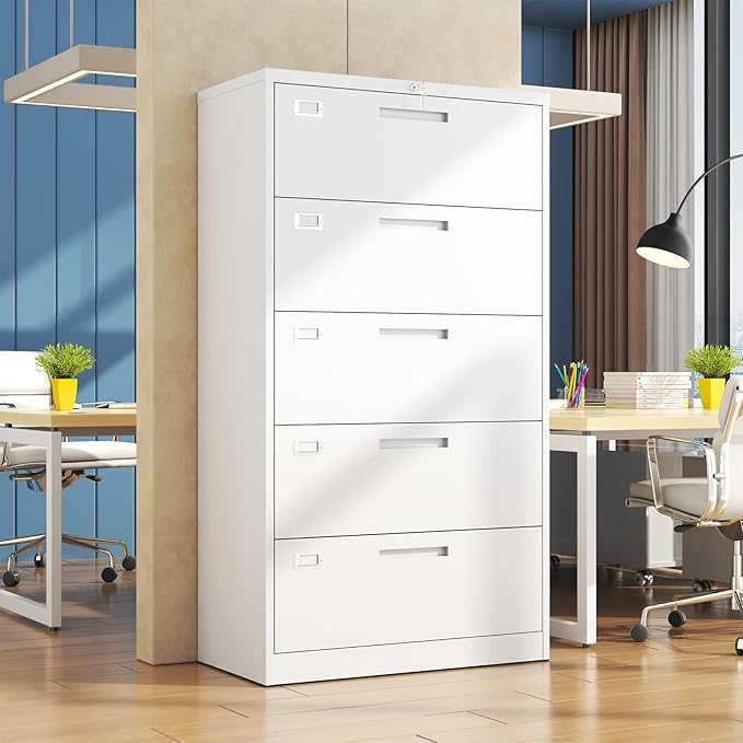 5 Drawer File Cabinet, White Metal Lateral File Cabinet with Lock, Office Filing Cabinet for Legal/Letter/A4/F4 Size with Hanging Files, Lockable File Cabinets for Home Office