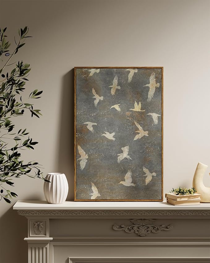 InSimSea Framed Canvas Wall Art Vintage Decor, Home Decor Painting Gold Flying Bird Collage Large Wall Decorations for Living Room, Landscape Modern Canvas Pictures Art for Bedroom Gallery, 16"x24"