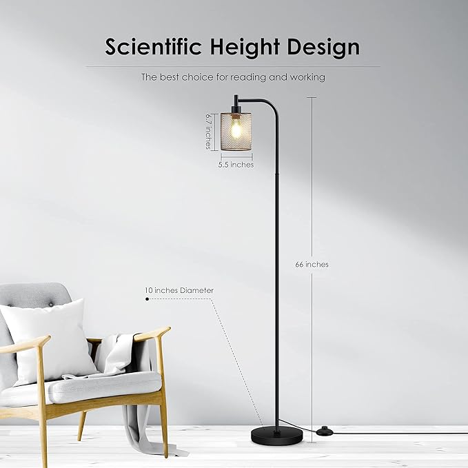 BoostArea Industrial Floor Lamp, Standing Lamp with Hanging Iron Mesh Lamp Shade, 6W LED Bulb, Whole Metal Farmhouse Floor Lamp with Foot Switch, Rustic Floor Lamps for Living Room Bedroom, Black