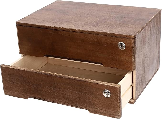 Wooden Desktop Organizer, 2 Drawers Tabletop Storage Box with Lock,Office Supplies A4 File Organizer,Walnut