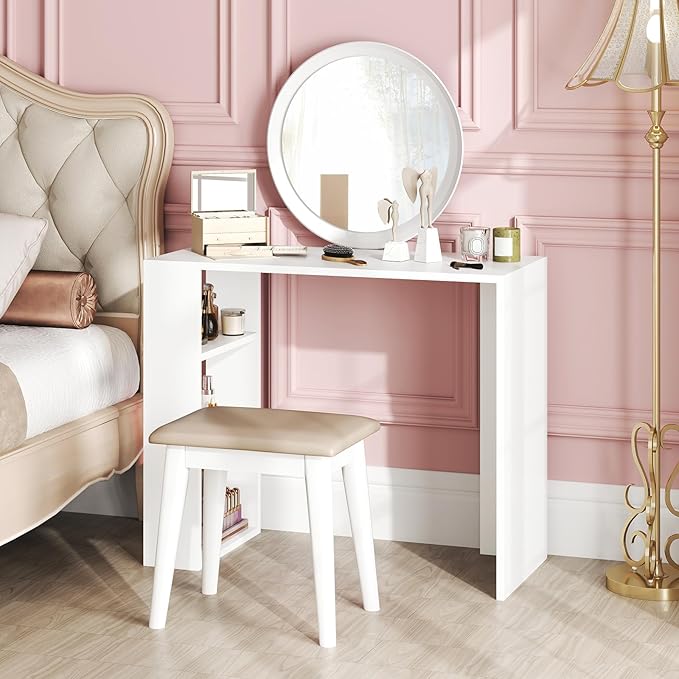 Giantex Small Computer Desk, 36 Inch Compact Home Office Desk with Storage Open Shelves & Anti-Tipping Kit, Makeup Vanity Table, Student Teen Study Writing Desk for Small Space, White