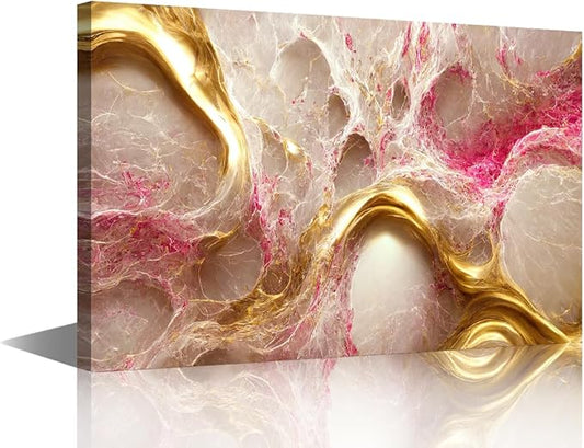 1 Panel Wall Art Decor for Home Modern Abstract Marble Textured Poster Prints on Canvas Modern Gold and Pink Picture Printing for Native Americans Room Wall Art Stretched Ready to Hnag 24x16 in