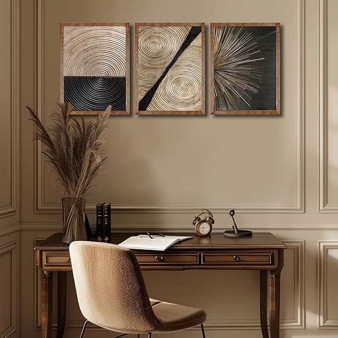 3Pcs Retro Wood grain Abstract Canvas Wall Art Minimalist Black Golden Line Texture Wall Decor Pictures Neutral Geometric Beige Brown Poster Prints for Living Room Bedroom Home Decoration 16x24in