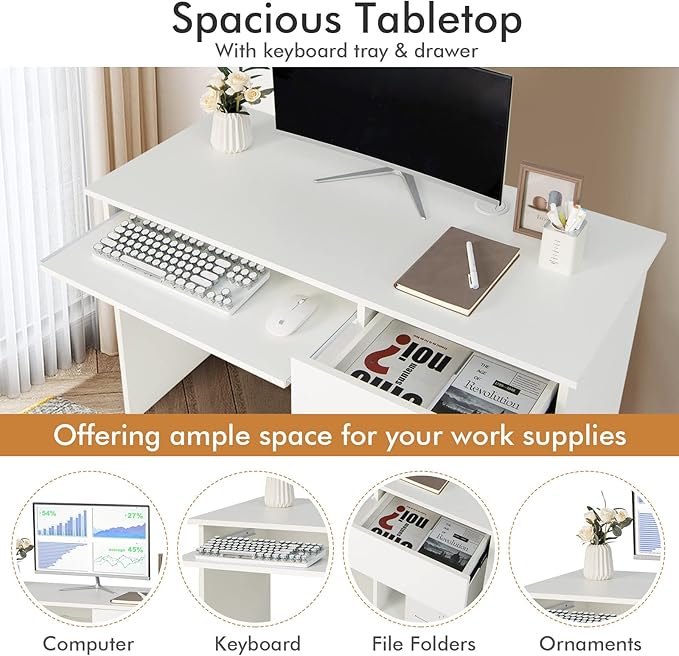 Tangkula White Desk with Drawer, Wooden Computer Desk with Pull-Out Keyboard Tray & Adjustable Storage Shelves, Modern Laptop PC Desk with CPU Stand, Writing Study Desk for Bedroom (White)