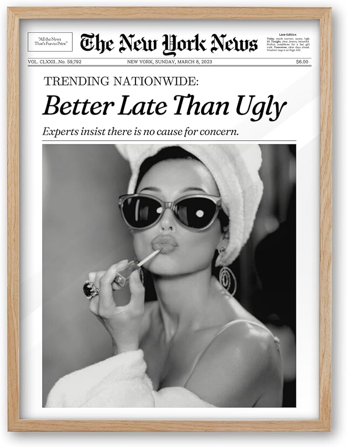 iHery Small Natural OAK Wood Hepburn Newspaper Trendy Bathroom Wall Decor, 8X10in Vintage Framed Wall Art Canvas Art, Funny Artwork, Better Late Than Ugly, Set of 1 Apartment Girly Dorm Room