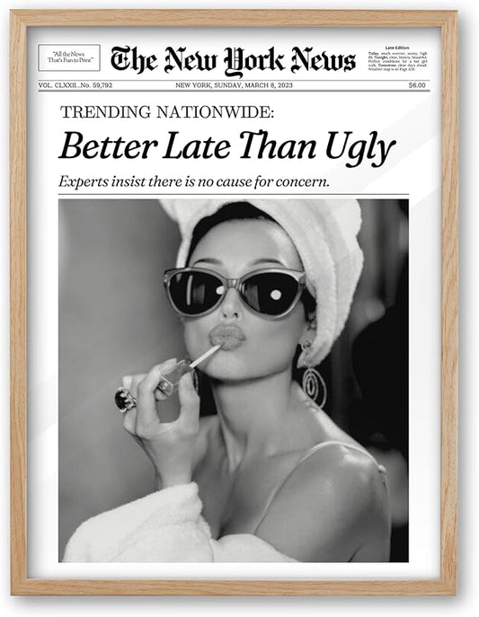 iHery Small Natural OAK Wood Hepburn Newspaper Trendy Bathroom Wall Decor, 8X10in Vintage Framed Wall Art Canvas Art, Funny Artwork, Better Late Than Ugly, Set of 1 Apartment Girly Dorm Room