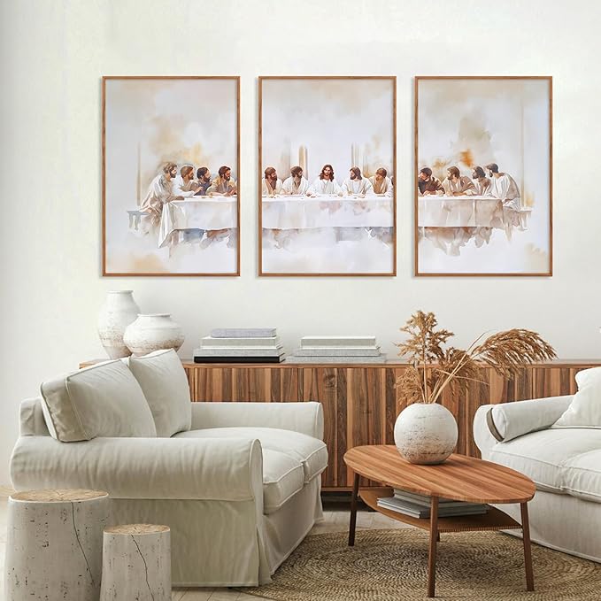 KAIRNE Jesus Last Supper Framed Canvas Wall Art Set, Christian Twelve Apostle Wall Decor, Bible Renaissance wall Painting, Religious Picture Art Print for Living Room, Bedroom, Church, Large 16"x24"x3