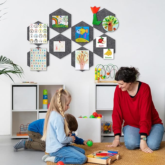 8-Pack Hexagon Felt Cork Board with 80 Push Pins, 1/2" Thick Felt Bulletin Pinboard with Adhesive Tabs, Geometric DIY Cork Board Wall Tiles for Home Office Classroom (Dark Grey)