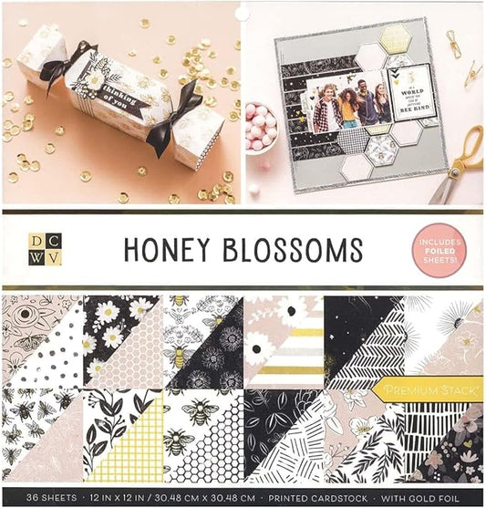 DCWV Printed Cardstock Paper 12x12, 36 Sheets of Scrapbook Paper for Crafts and Card Making, Double Sided Heavy Duty Cardstock with Foil Accents - Honey Blossoms