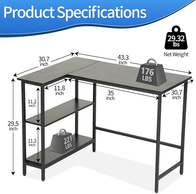 43Inch Corner Computer Desk, Gaming Desk with Reversible Storage Shelves Left/Right,Small L Shaped Desk with 2-Tier Shelves & Adjustable Feet Pad for Home Office Gaming (43 Inch)