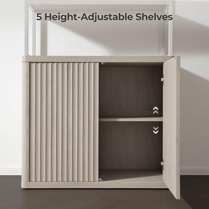 SICOTAS Book Shelf Fluted Bookshelf 71" Tall Bookcase with Doors Storage 5 Tier Mid Century Modern Bookshelves Large Shelves Metal Book Cases for Living Room Office Bedroom Kitchen Library (White)