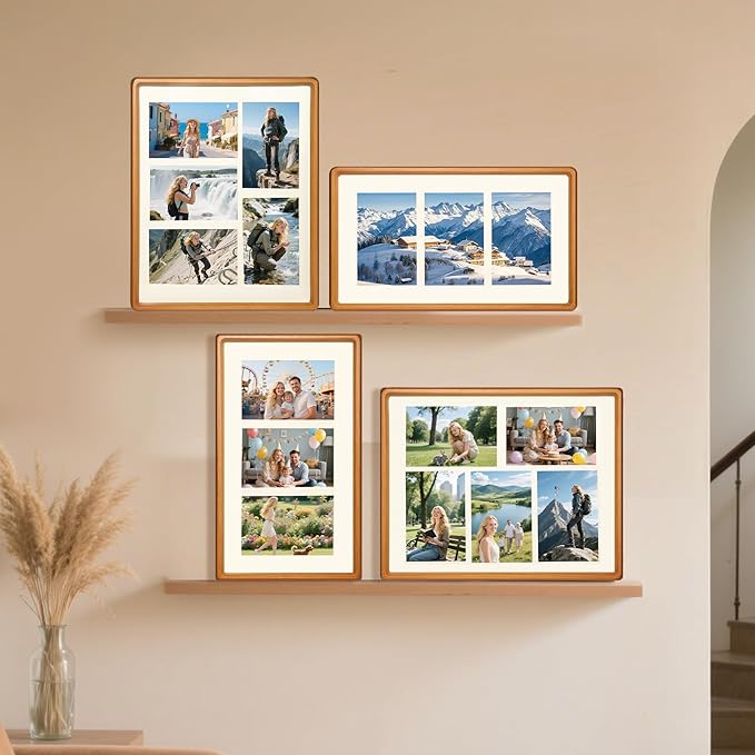 8x14 Collage Picture Frame Teak Wood, Multiple Three 4x6 Photos or 8x14 without Mat, Rustic Photo Frame with Tempered Glass Hanging Displaying Horizontally or Vertically