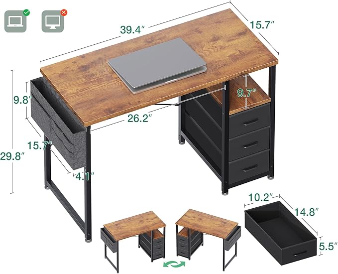 AODK 40" Small Computer Desk with Fabric Drawer, Kids Girls Teen Study Writing Desk for Bedroom, Home Office Desk with Storage Shelf & Bag for Small Space, Vintage