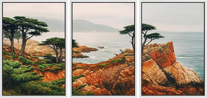 SIGNFORD Framed Wall Art Print Set Coastal Cypress and Rocky Shoreline Scenic Landscape Digital Art Modern Art Contemporary for Living Room, Bedroom, Office - 16"x24"x3 White