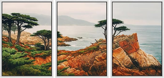 SIGNFORD Framed Wall Art Print Set Coastal Cypress and Rocky Shoreline Scenic Landscape Digital Art Modern Art Contemporary for Living Room, Bedroom, Office - 16"x24"x3 White