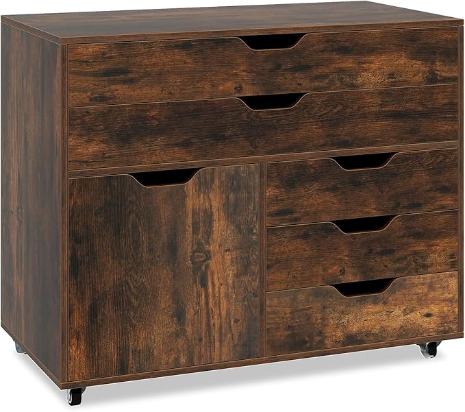 File Cabinet, 5 Drawer Filing Cabinet with Door, Mobile Storage Organizer, Wooden Printer Stand on Wheels for Study Home Office Living Room (Rustic Brown)