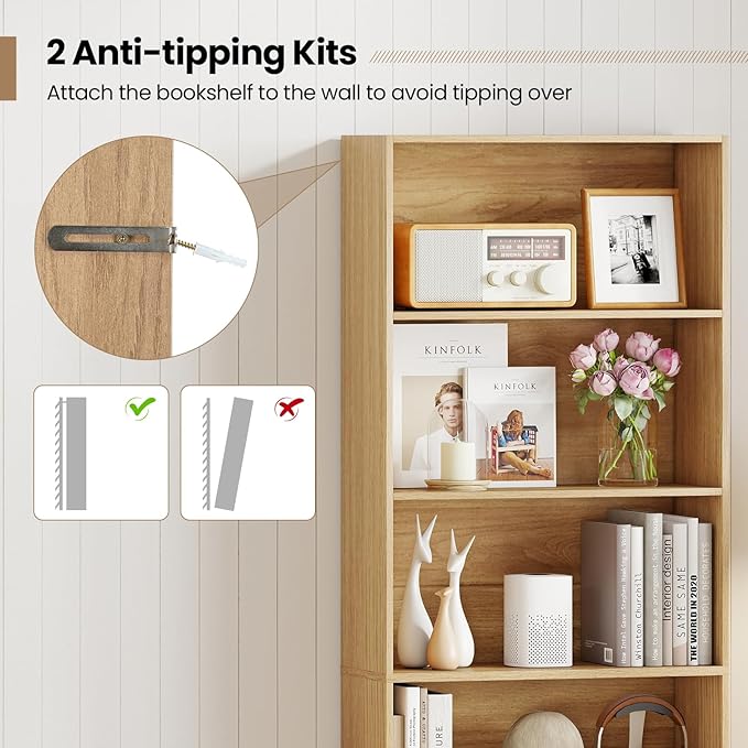 Giantex 6-Tier Bookcase, 70" Tall Wooden Bookshelf, Freestanding Storage Organizer w/Open Shelves, Anti-Tipping Kits, Modern Floor Standing Display Shelves for Living Room, Bedroom,Natural