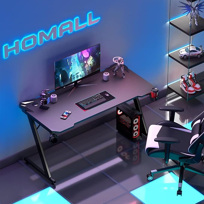 Homall Gaming Computer Desk with Carbon Fiber Surface, Gaming Table Z Shaped Pc Home Office with Cup Holder&Headphone Hook(55 in, Black)