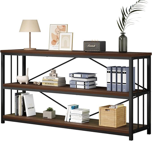 IBF Walnut Low Wide Bookcase, Vintage 63 Inch Long 3 Tier Open Book Shelf, Farmhouse Big Wood Metal Sturdy Bookshelf Display Case, Simple Large Etagere Bookshelves for Home Living Room Office Bedroom