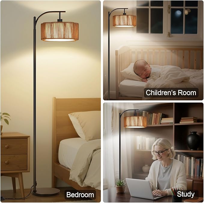 Boho Arc Floor Lamp for Living Room, Modern Rattan Floor Lamp with Foot Switch, Tall Lamp Dimmable 3 Colors Temperature LED Floor Lamps, Bohemian Black Standing Lamp for Bedroom Office