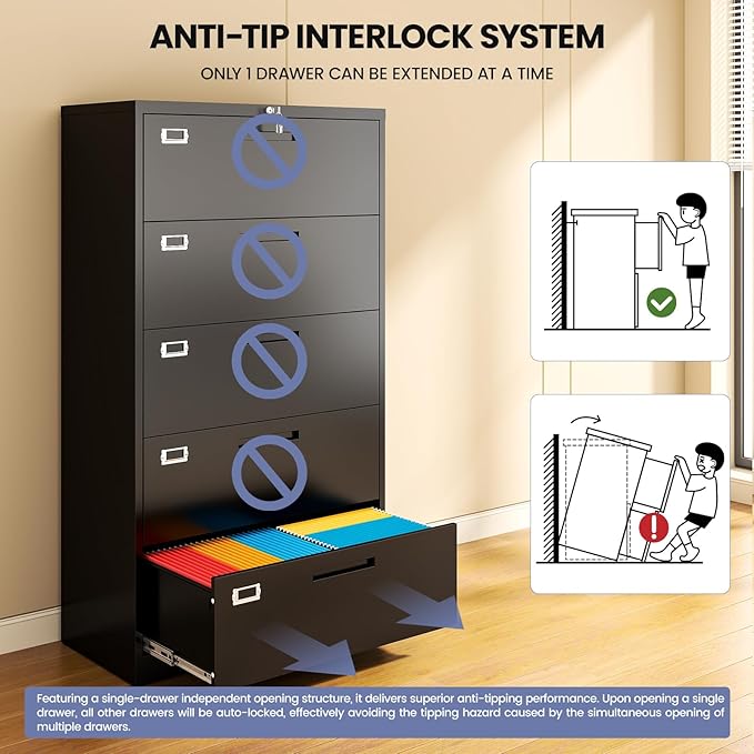 5 Drawer File Cabinet, Black Metal Lateral File Cabinet with Lock, Office Filing Cabinet for Legal/Letter/A4/F4 Size with Hanging Files, Lockable File Cabinets for Home Office