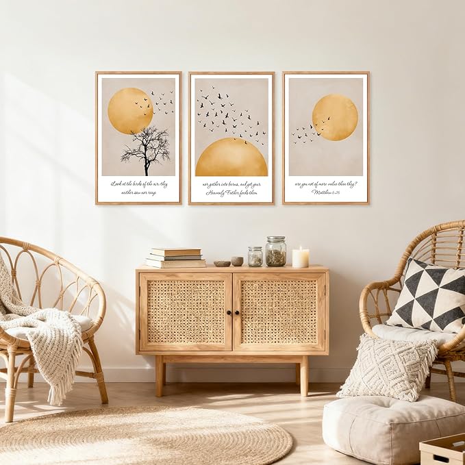 CHDITB Matthew 6:26 Look At The Birds Of The Air Framed Canvas Wall Art(16"x24"), 3 Panels Japandi Bible Verses Scripture Artwork Prints, Large Religious Christian Faith LDS Decor for Home Office Bedroom