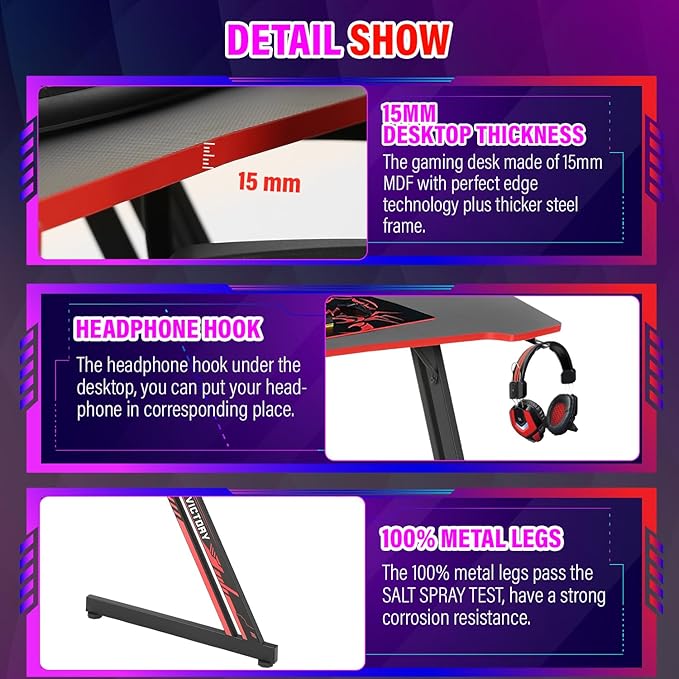 PayLessHere | 47" Gaming Table | Red | Z-Shaped Computer Desk with Steel Frame, Headphone Hook, Adjustable Feet | Carbon Fiber Texture Surface, Sweat & Waterproof | for Gaming, Home Office