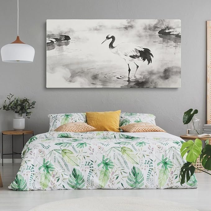 Black White Crane Framed Canvas Wall Art for Bathroom, Bird Wall Decor 24" L x 12" W