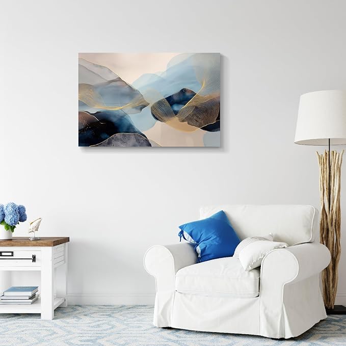 gaosoul Modern Blue Abstract Canvas Wall Art Oil Painting Giclee Print of Flowing Azure Textures Delicate Gold Filigree Soft Color Transitions Minimalism Artwork for Home Office Decor Framed 24x16in