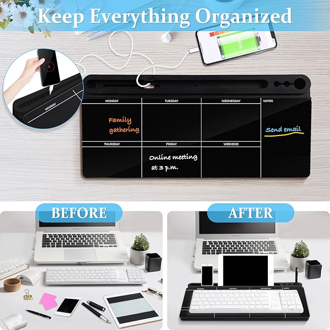 DOLLAR BOSS Glass Desk Whiteboard Calendar Small Dry Erase Board Desktop White Board with Storage Drawer Computer Keyboard Stand Desk Organizer, Weekly Calendar, Black
