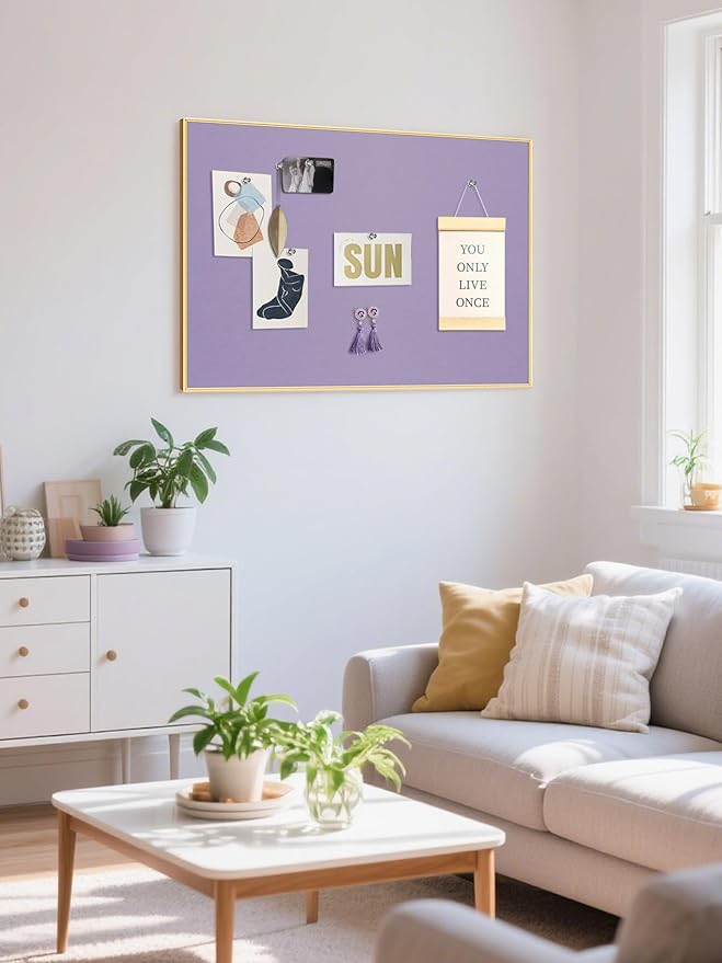 Bulletin Board 40 x 30 inches, Mystic Violet Pin Board, Golden Aluminum Framed Fabric Cork Board with 10 Push Pins