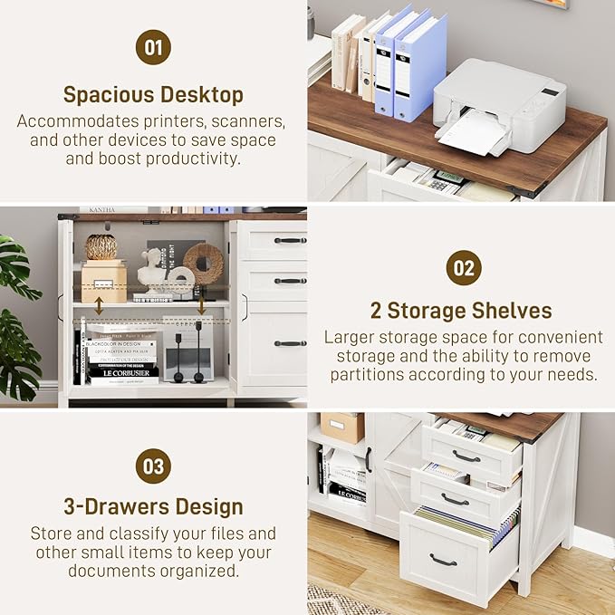 3 Drawer File Cabinet, Farmhouse Lateral Filing Cabinet with Doors for Letter/A4 Size Hanging Files, Large Wood Storage Cabinets Printer Stand with Adjustable Shelf for Home Office, White and Brown