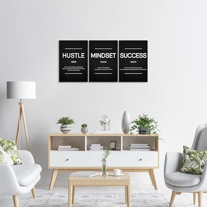 Hustle Wall Art Motivational Wall Decor Inspirational Mindset Quotes Pictures Posters 3 Pieces Framed Canvas Wall Art Prints Success Goal Artwork Home Office Wall Decor Ready to Hang