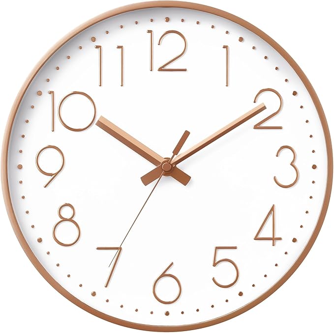 Wall Clock - 12 Inch Silent Non-Ticking Modern 3D Wall Clocks Battery Operated - Decorative Clock for Kitchen, Home Office, Bathroom, Bedroom, Living Room(Rose Gold)
