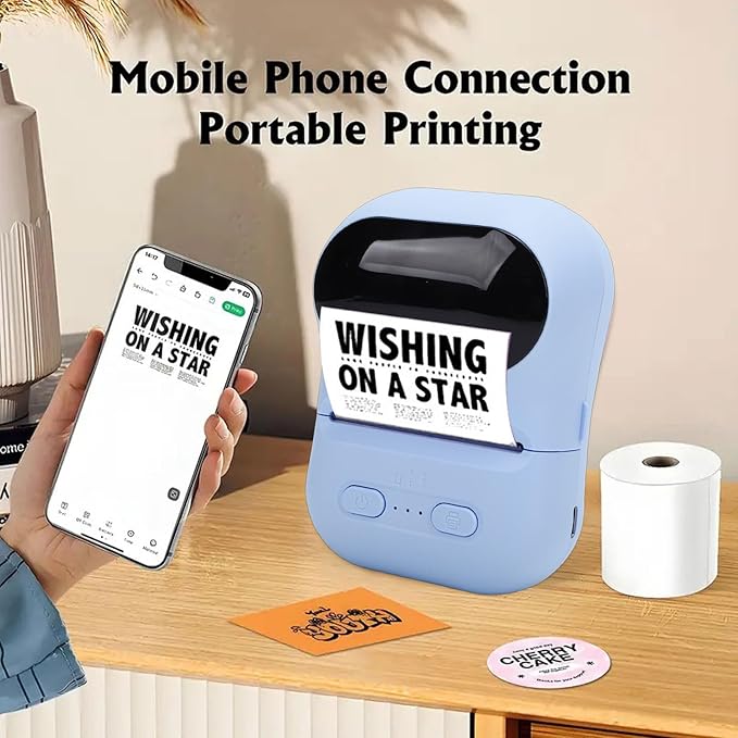 VBESTLIFE Mini Portable Thermal Printer Print Pod, Inkless Bluetooth Label Maker Machine for DIY Crafts, Journaling, Office & Home Use (Blue)