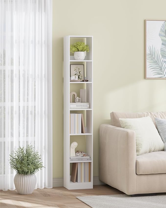 Bookcase, Tall Narrow Bookshelf, Open Display Storage Shelf, Skinny Cube Book Shelf with Adjustable Shelves, CD Rack for Living Room, Home Office 6-Tier(9.4 x 11.8 x 72.5 inch) White BC09603X
