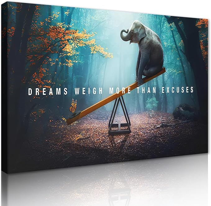 Wall Art Dreams Weigh More Than Excuses Painting on Canvas Inspirational Picture Motivational Quotes Poster Elephant and Butterfly Prints for Home Decor Living Room, Framed 24" H x 36" W
