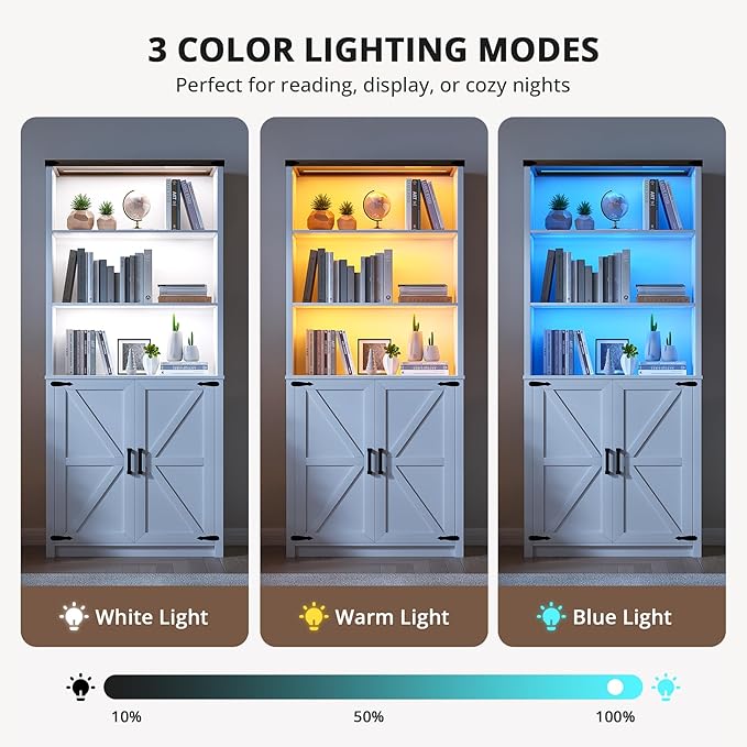 HWB Bookshelf and Bookcase with Doors, Farmhouse 5 Tier Book Shelves with Storage Cabinet, Floor Standing Bookcases with 3-Color Lights for Home Office, Living Room, Bedroom, White